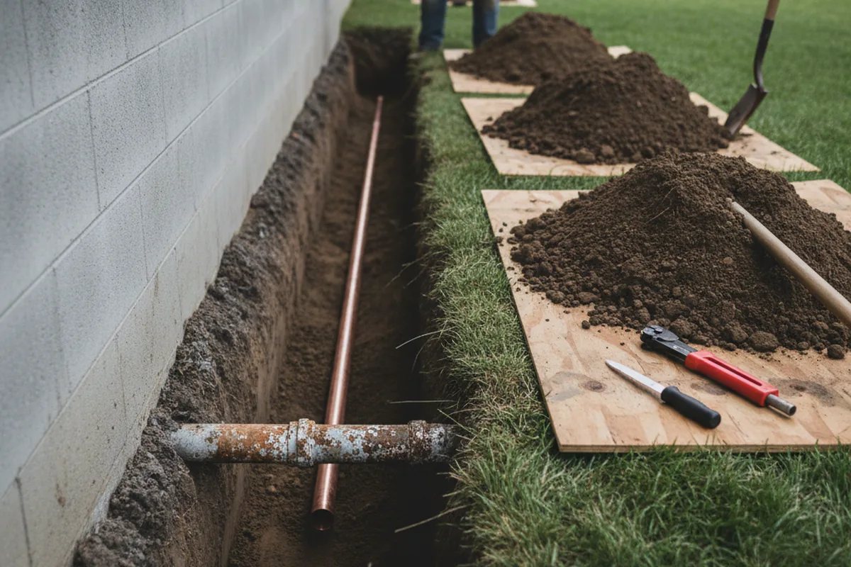 Excavated water line trench during Sewer Line Repair in Sharon Center